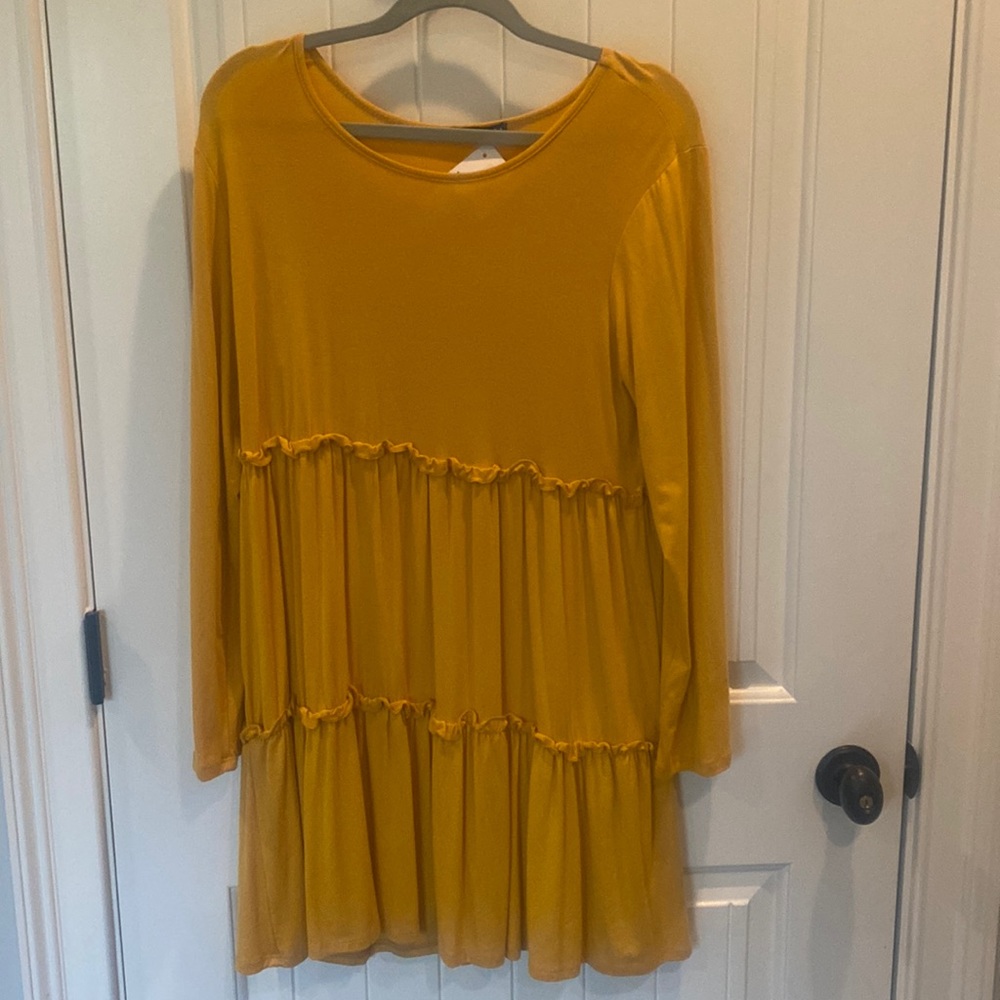 Short, long sleeve mustard coloured ruffle dress size medium